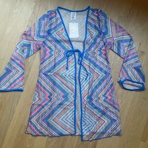 Colorful Chevron Crochet Cover-Up with Blue Trim